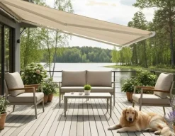 Bøg Markise - m/motor & LED-lys - 3,5 x 3 m - Hvid/Beige