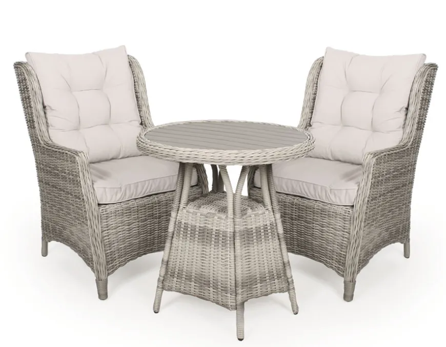 Rio Lys Grå Cafesæt m/2 loungestole - Ø 70 cm - m/vandafv. hynder