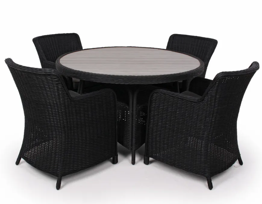 Rio Sort Havemøbelsæt m/4 spisestole - Ø 130 cm - m/vandafv. hynder